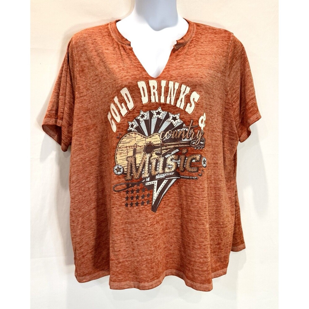 Cato Women’s 22/24W Orange T-Shirt V-Neck Cold Drinks Country Music Western